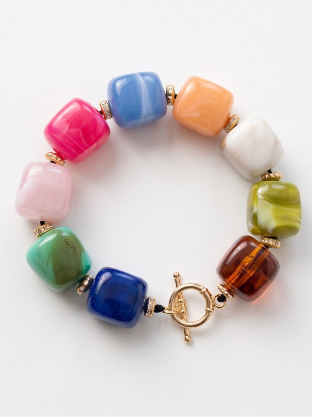 Multicolor Glass Bead Stretch Bracelet with Gold Toggle 7.5 inch